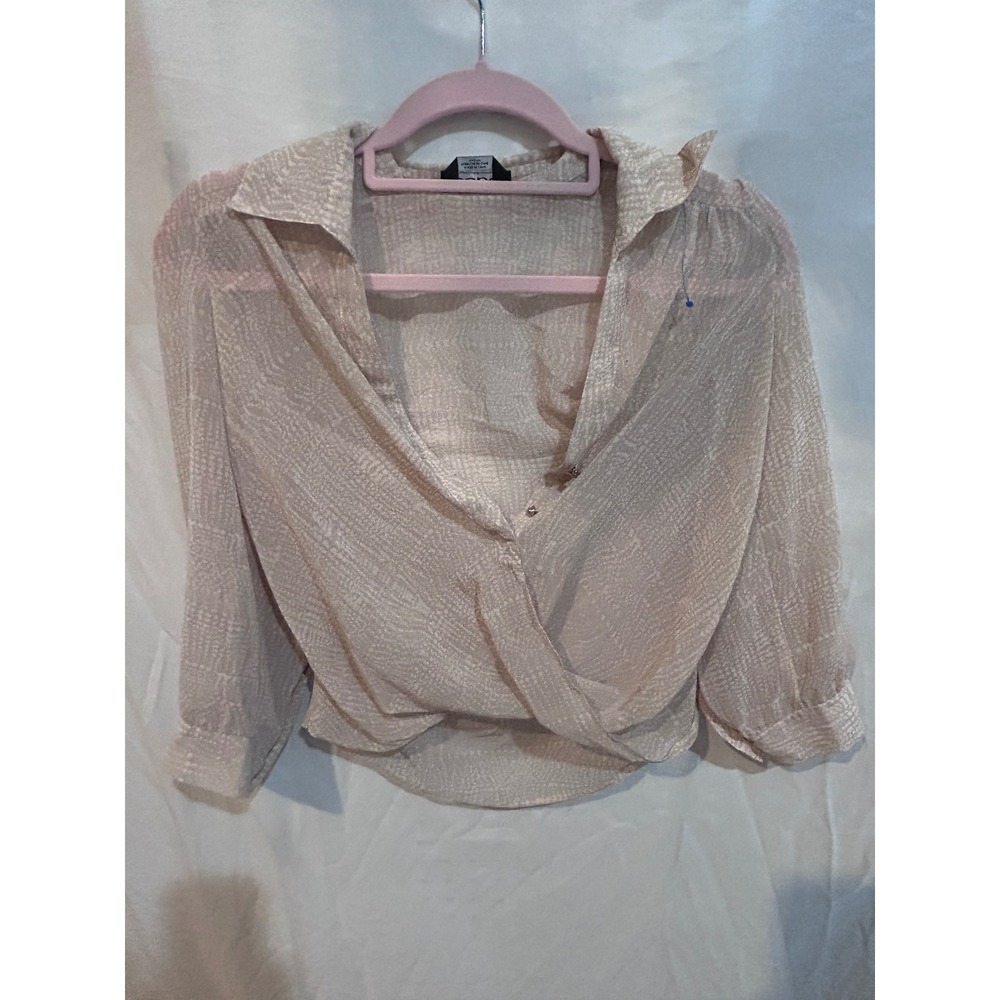 Bebe Womens Sheer Draped Wrap‎ Blouse Shirt Beige Tan Pattern Long Sleeve